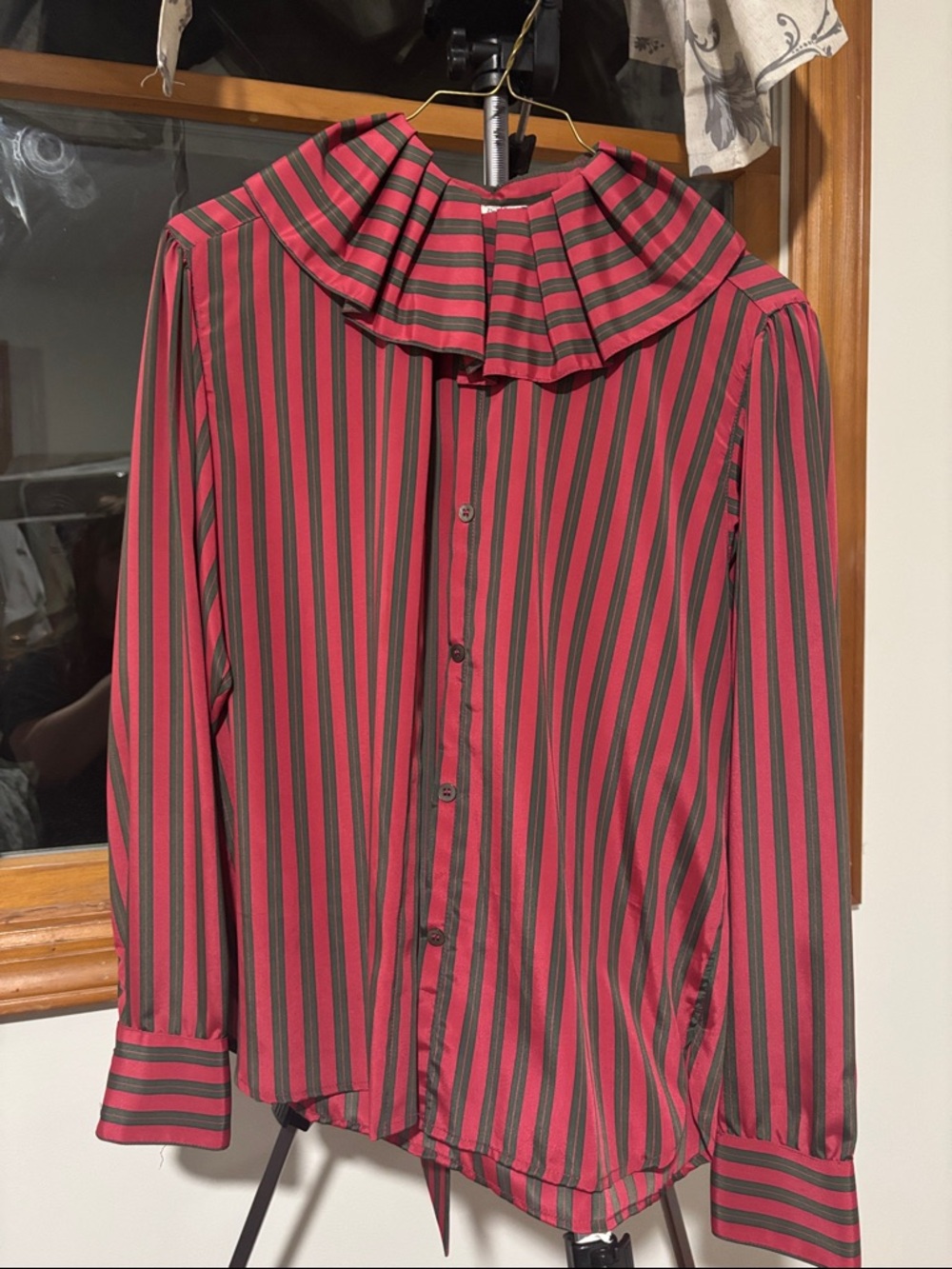 Pink and Brown Striped Button-Up Blouse with Ruffled Collar